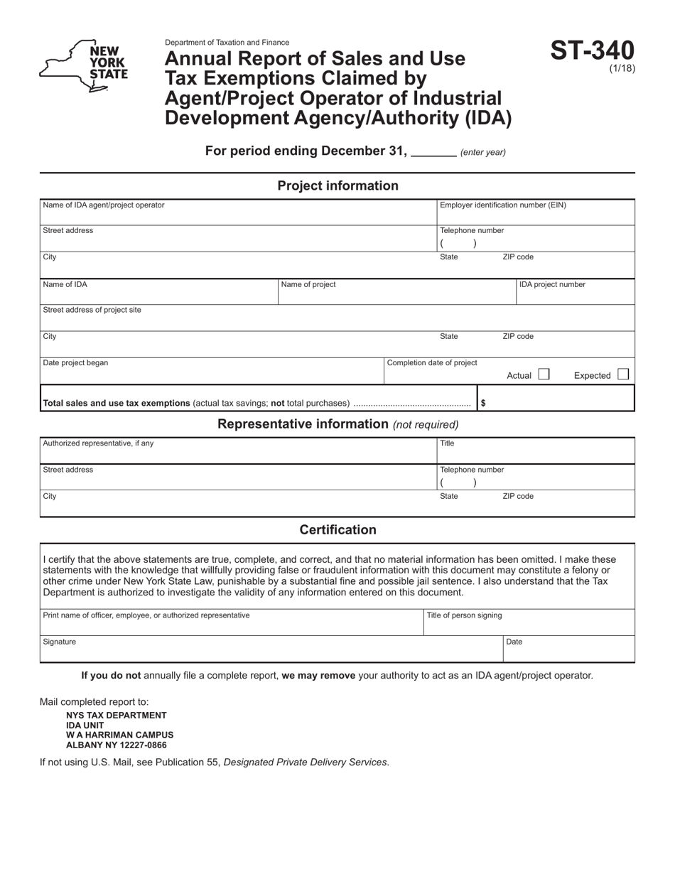 Form ST-340 Annual Report of Sales and Use Tax Exemptions Claimed by Agent / Project Operator of Industrial Development Agency / Authority (Ida) - New York, Page 1