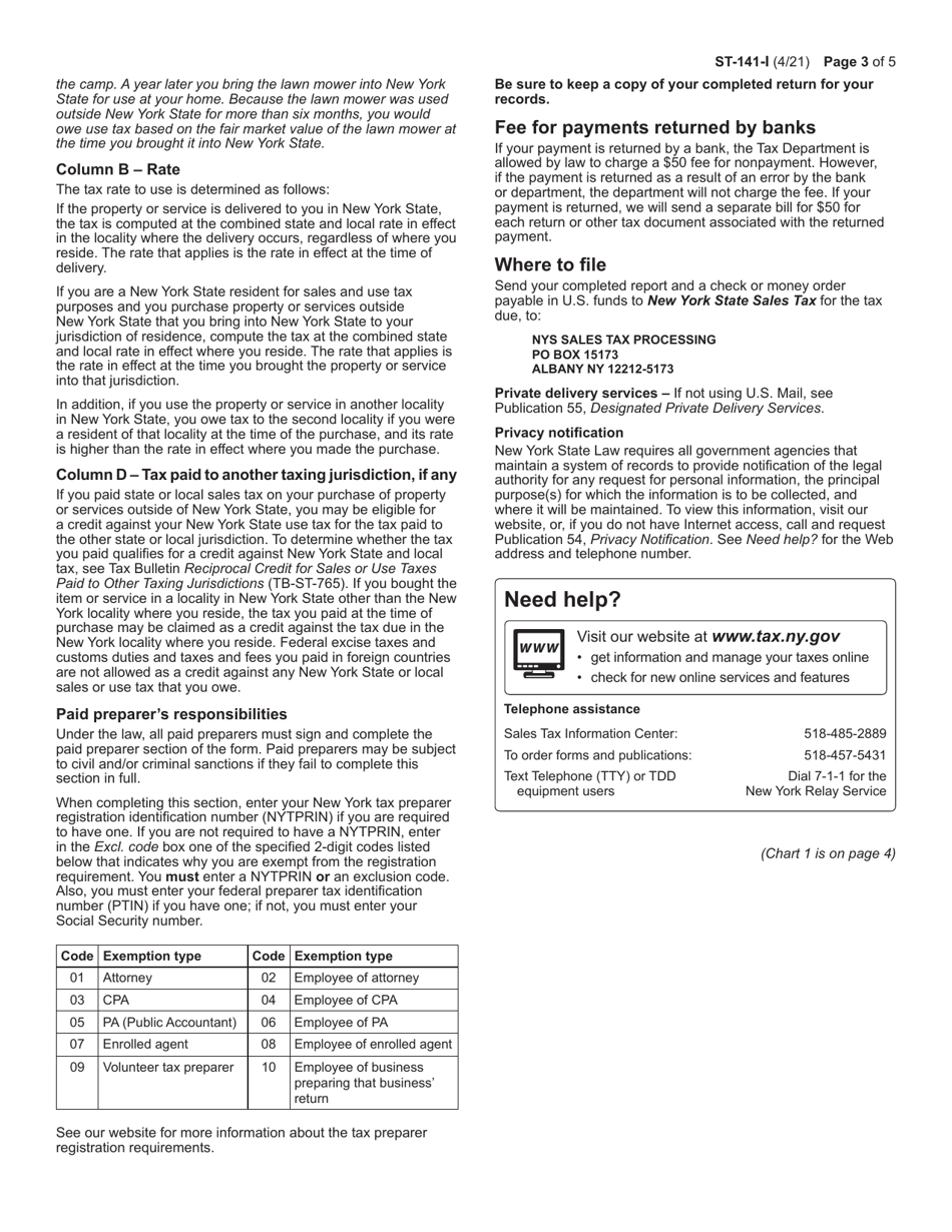 Instructions for Form ST-141 Individual Purchasers Periodic Report of Sales and Use Tax - New York, Page 3
