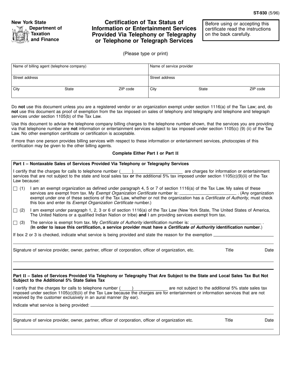 Form ST-930 Certification of Tax Status of Information or Entertainment Services Provided via Telephony or Telegraphy or Telephone or Telegraph Services - New York, Page 1