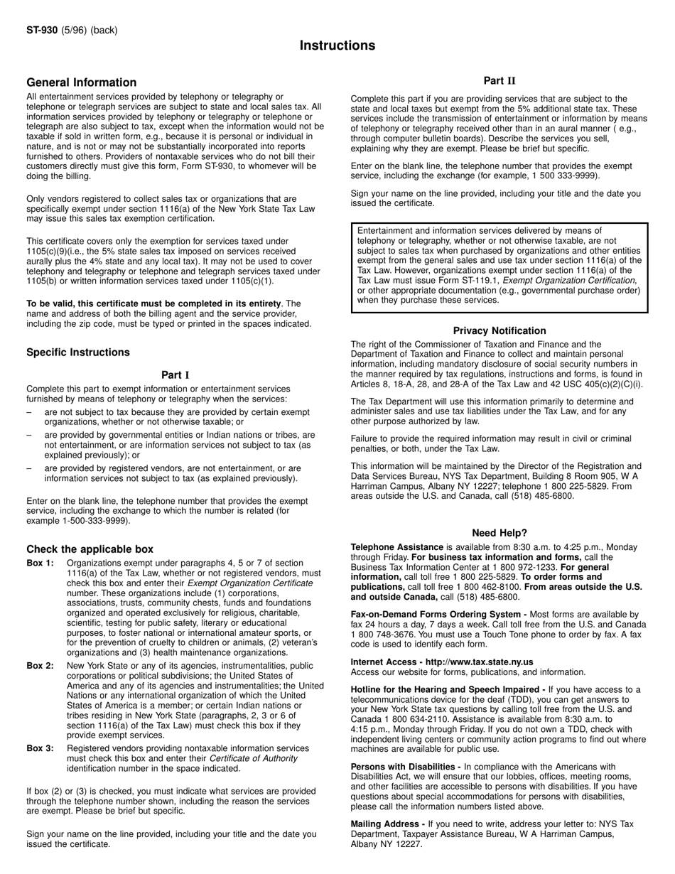 Form ST-930 Certification of Tax Status of Information or Entertainment Services Provided via Telephony or Telegraphy or Telephone or Telegraph Services - New York, Page 2