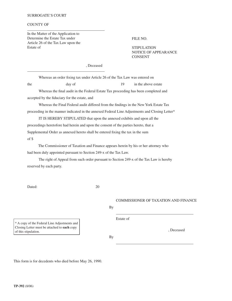 Form TP-392 Stipulation Notice of Appearance Consent - New York, Page 1
