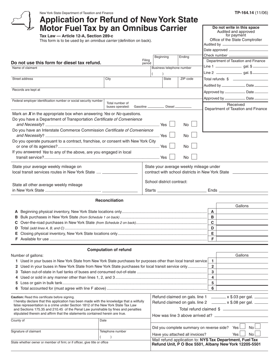 Form TP-164.14 Application for Refund of New York State Motor Fuel Tax by an Omnibus Carrier - New York, Page 1