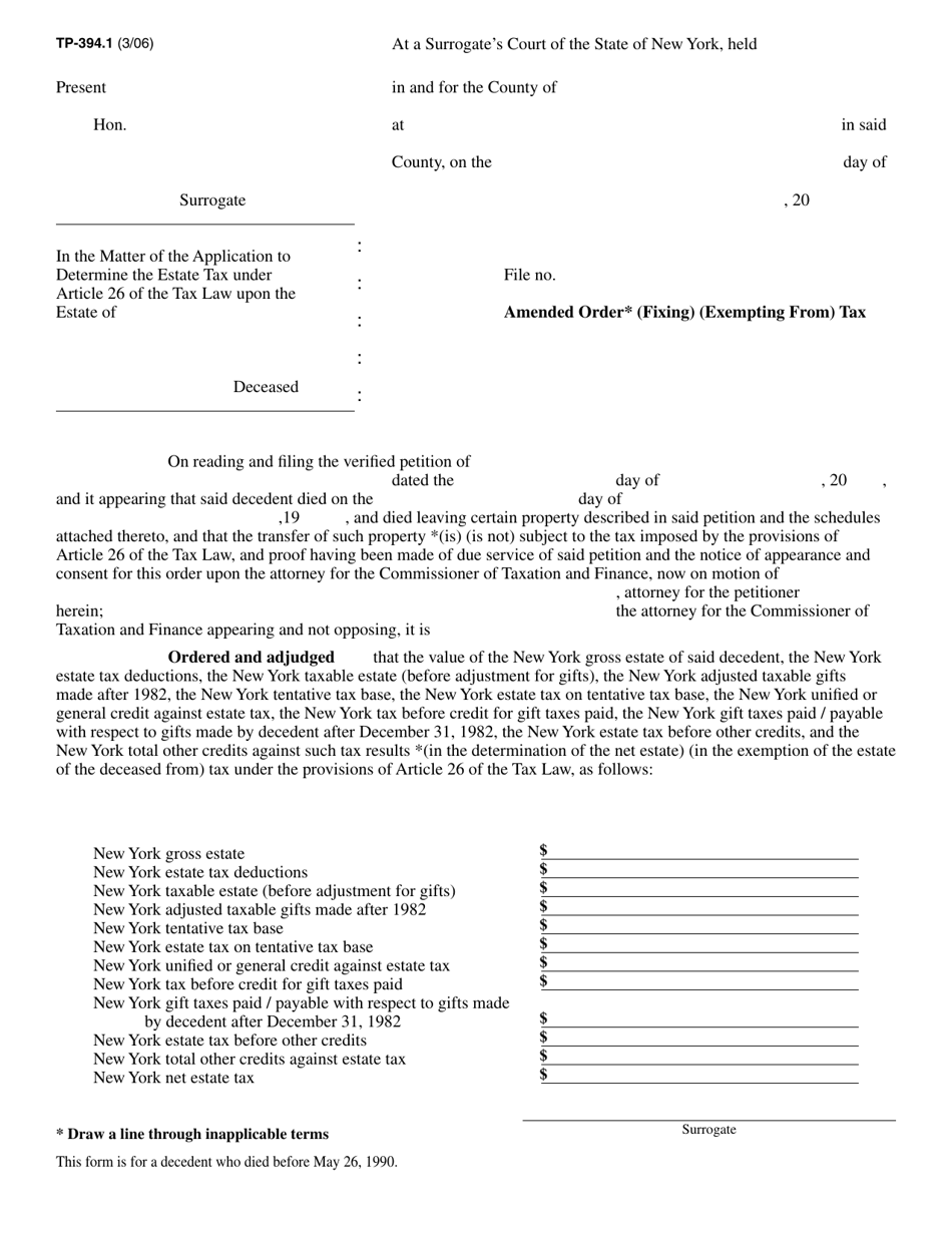 Form TP-394.1 Amended Order (Fixing) (Exempting From) Tax - New York, Page 1