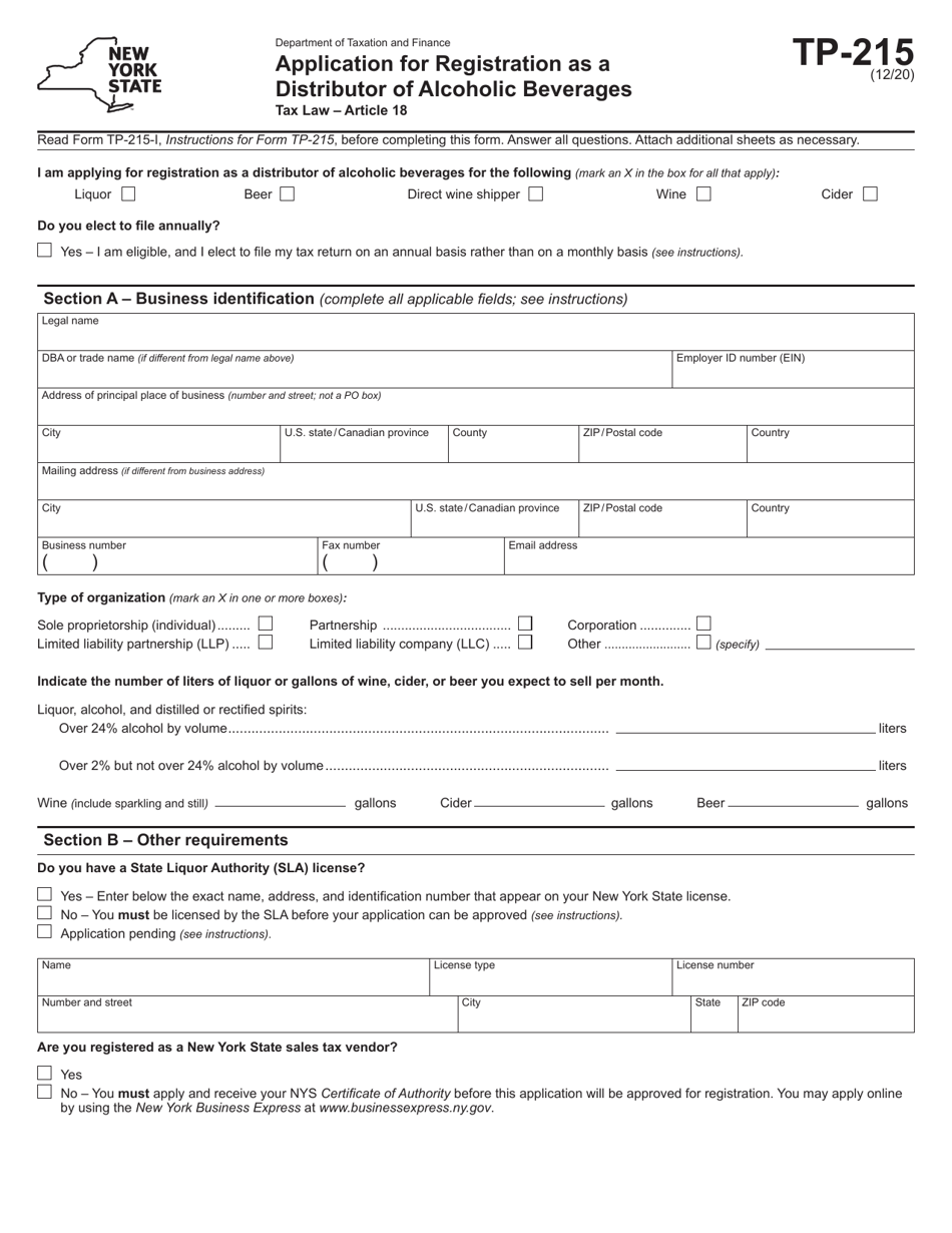 Form TP-215 Application for Registration as a Distributor of Alcoholic Beverages - New York, Page 1