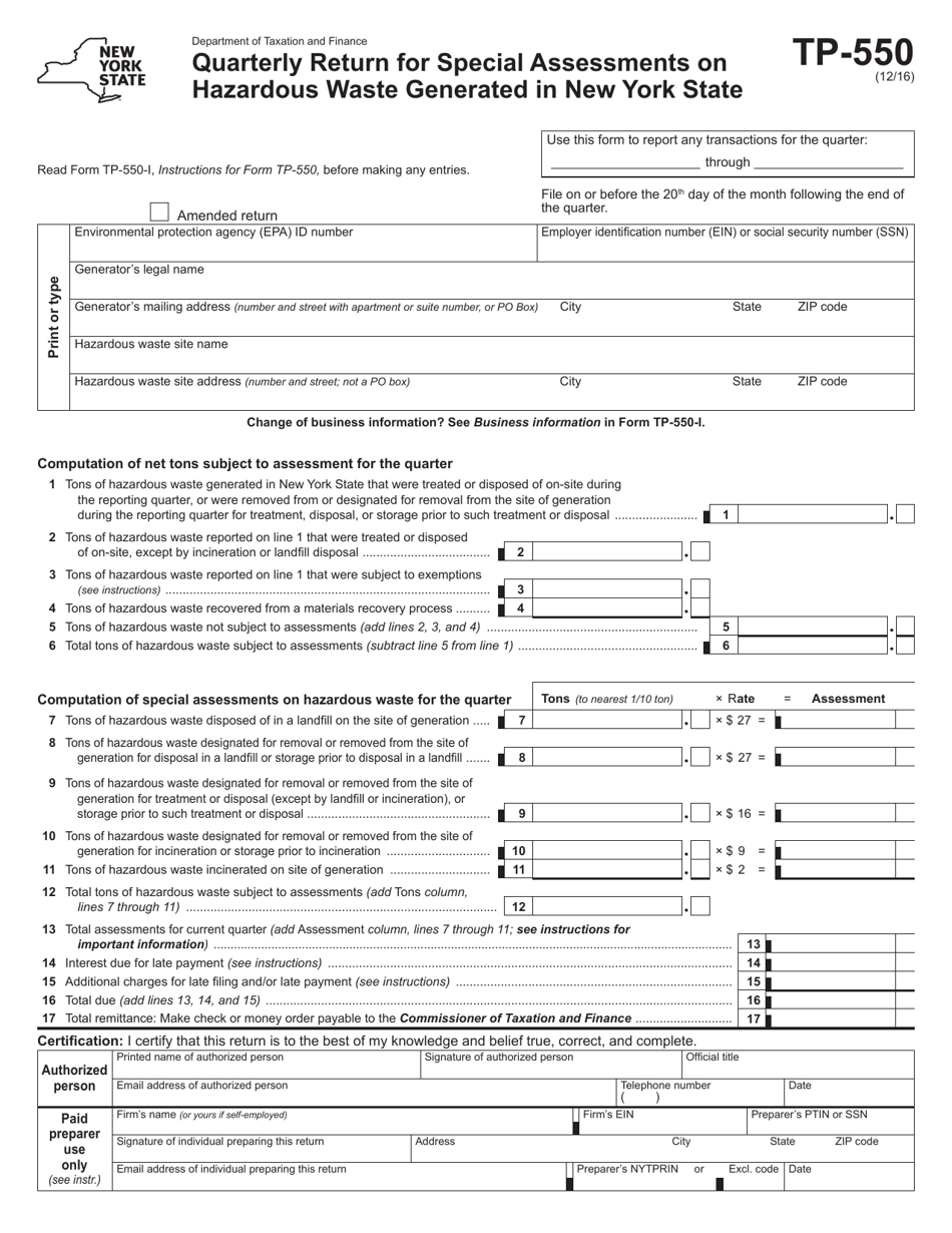 Form TP-550 Quarterly Return for Special Assessments on Hazardous Waste Generated in New York State - New York, Page 1