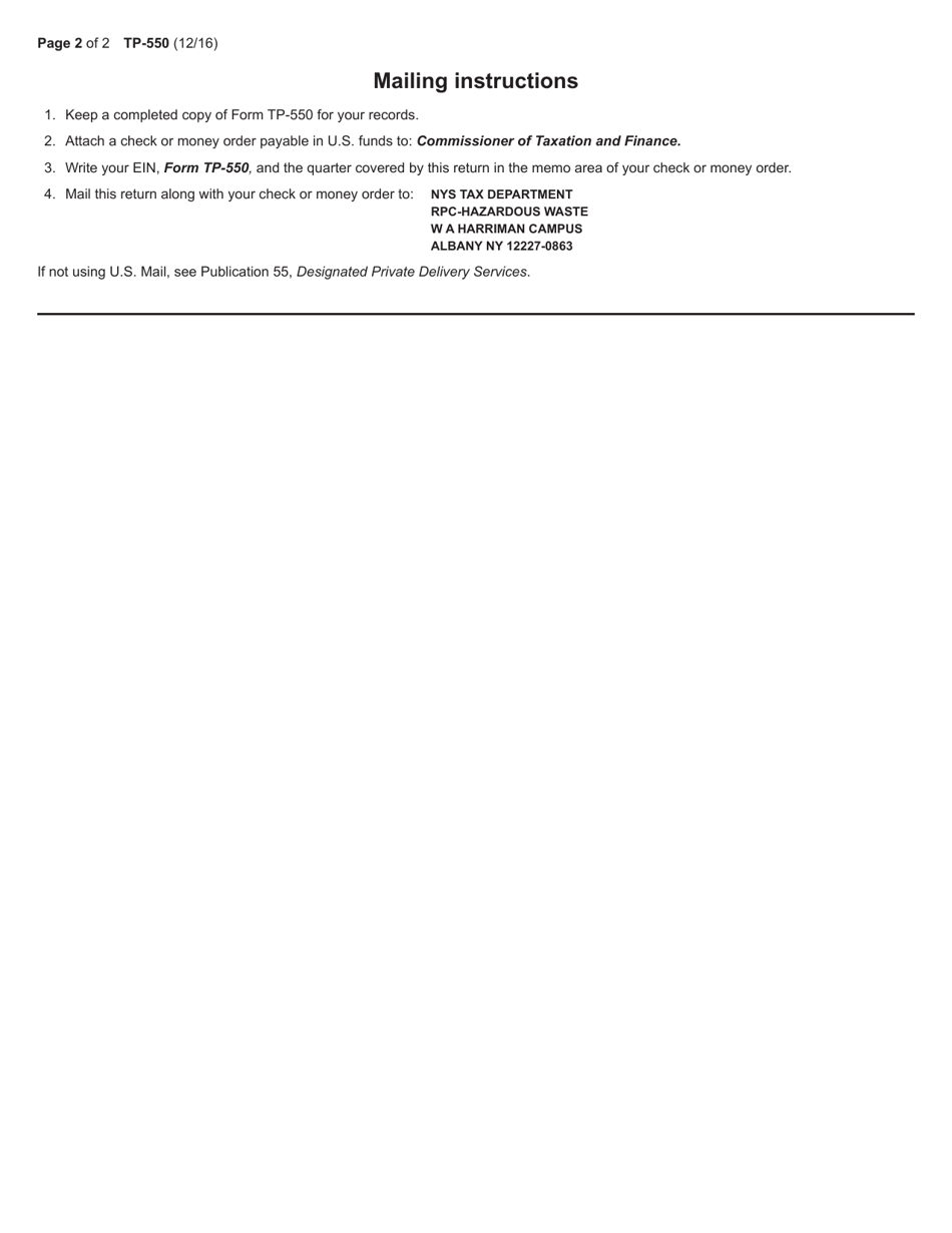 Form TP-550 Quarterly Return for Special Assessments on Hazardous Waste Generated in New York State - New York, Page 2