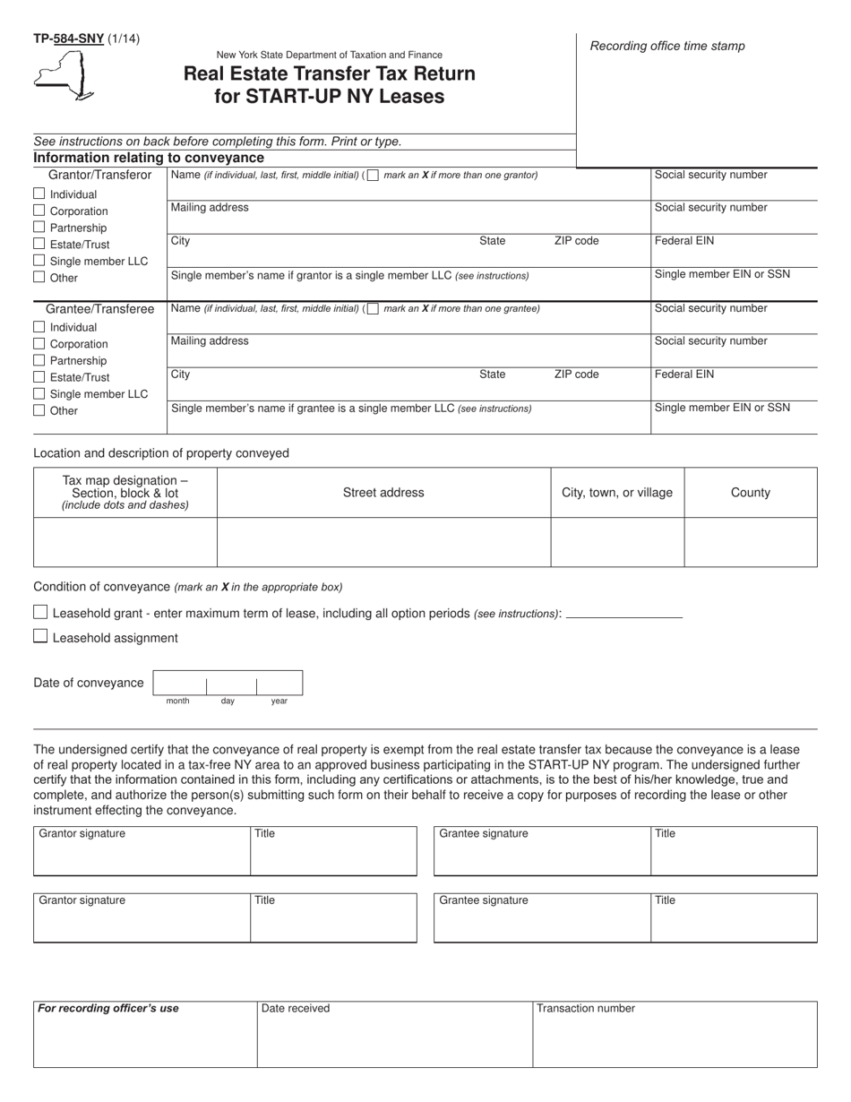 Form TP-584-SNY Real Estate Transfer Tax Return for Start-Up Ny Leases - New York, Page 1