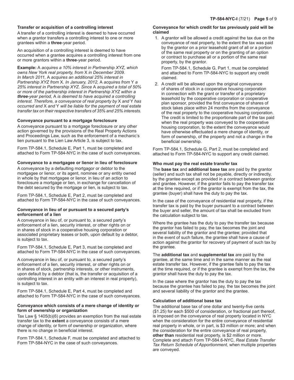Instructions for Form TP-584-NYC Combined Real Estate Transfer Tax Return, Credit Line Mortgage Certificate, and Certification of Exemption From the Payment of Estimated Personal Income Tax for the Conveyance of Real Property Located in New York City - New York, Page 5