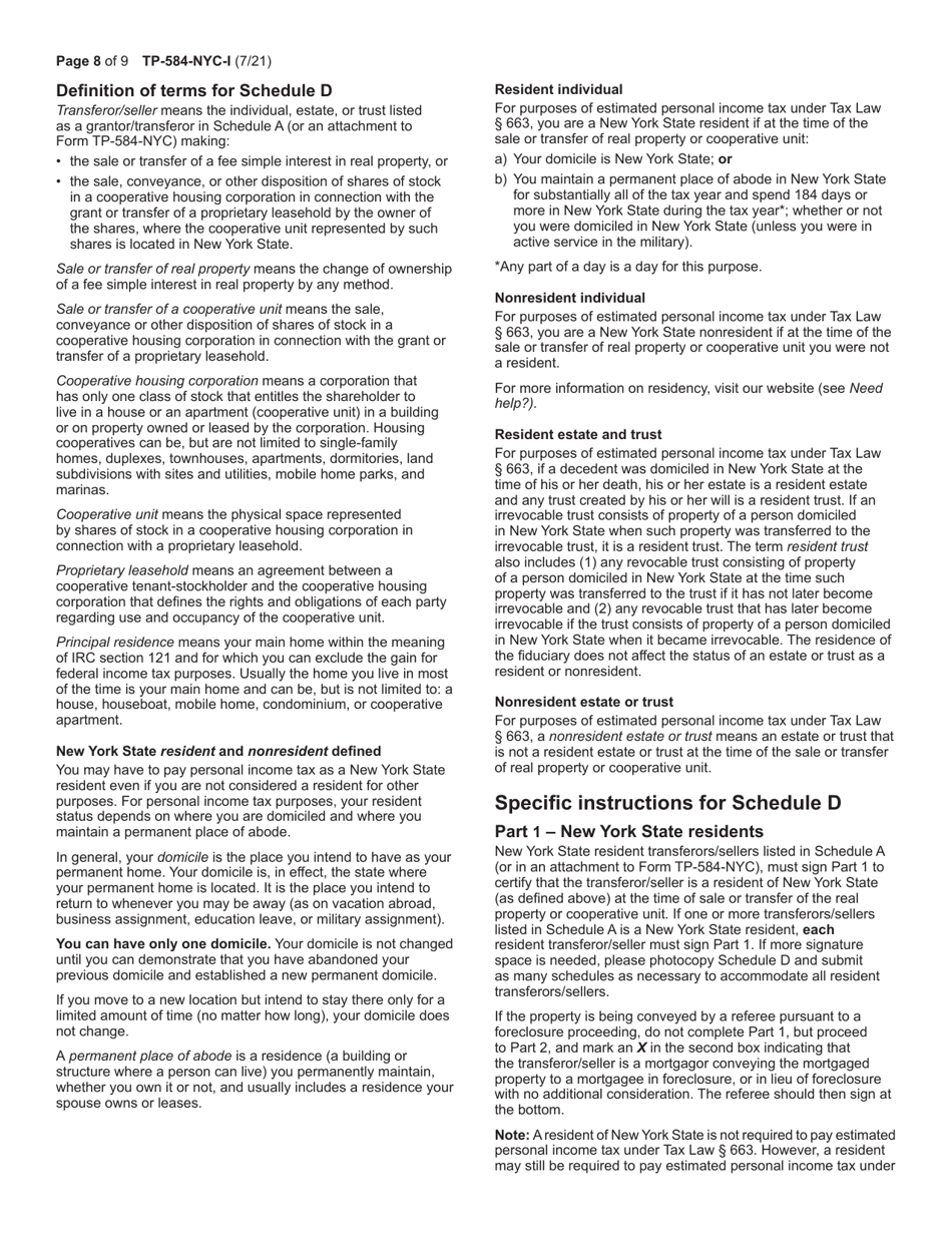 Instructions for Form TP-584-NYC Combined Real Estate Transfer Tax Return, Credit Line Mortgage Certificate, and Certification of Exemption From the Payment of Estimated Personal Income Tax for the Conveyance of Real Property Located in New York City - New York, Page 8