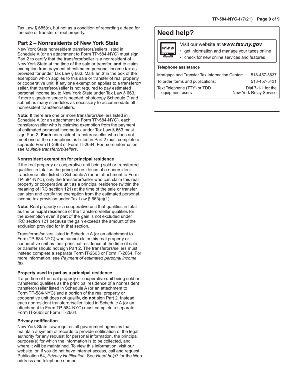 Instructions for Form TP-584-NYC Combined Real Estate Transfer Tax Return, Credit Line Mortgage Certificate, and Certification of Exemption From the Payment of Estimated Personal Income Tax for the Conveyance of Real Property Located in New York City - New York, Page 9
