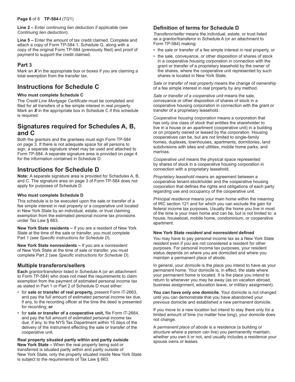 Instructions for Form TP-584 Combined Real Estate Transfer Tax Return, Credit Line Mortgage Certificate, and Certification of Exemption From the Payment of Estimated Personal Income Tax - New York, Page 6