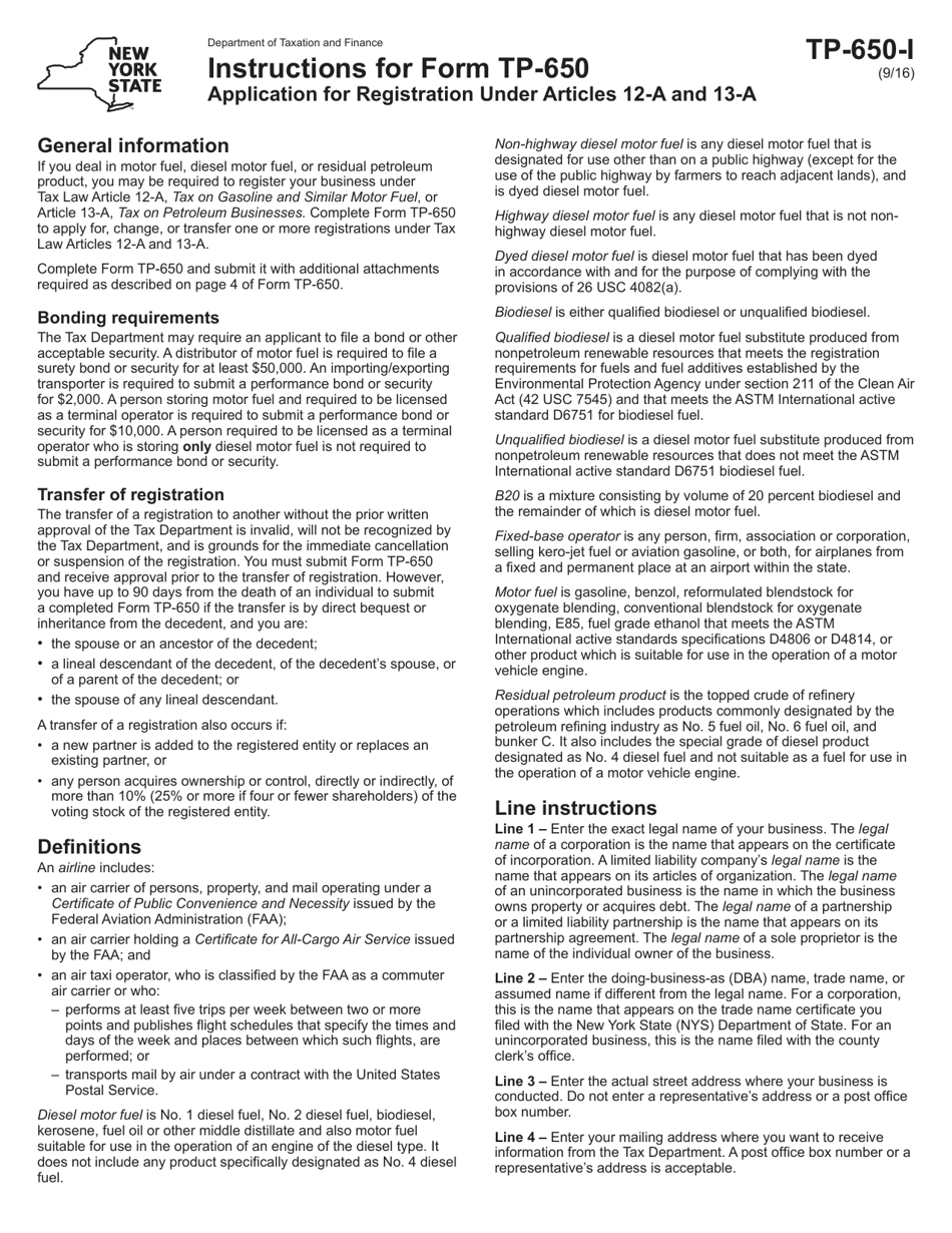 Instructions for Form TP-650 Application for Registration Under Articles 12-a and 13-a - New York, Page 1