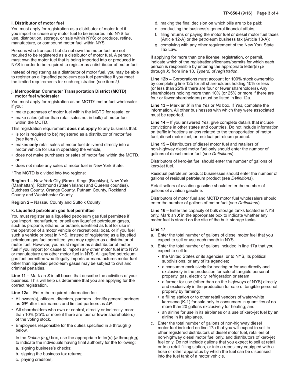 Instructions for Form TP-650 Application for Registration Under Articles 12-a and 13-a - New York, Page 3