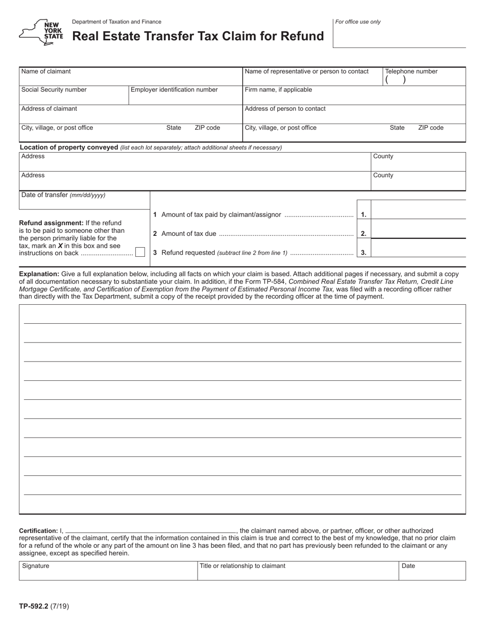 Form TP-592.2 Real Estate Transfer Tax Claim for Refund - New York, Page 1