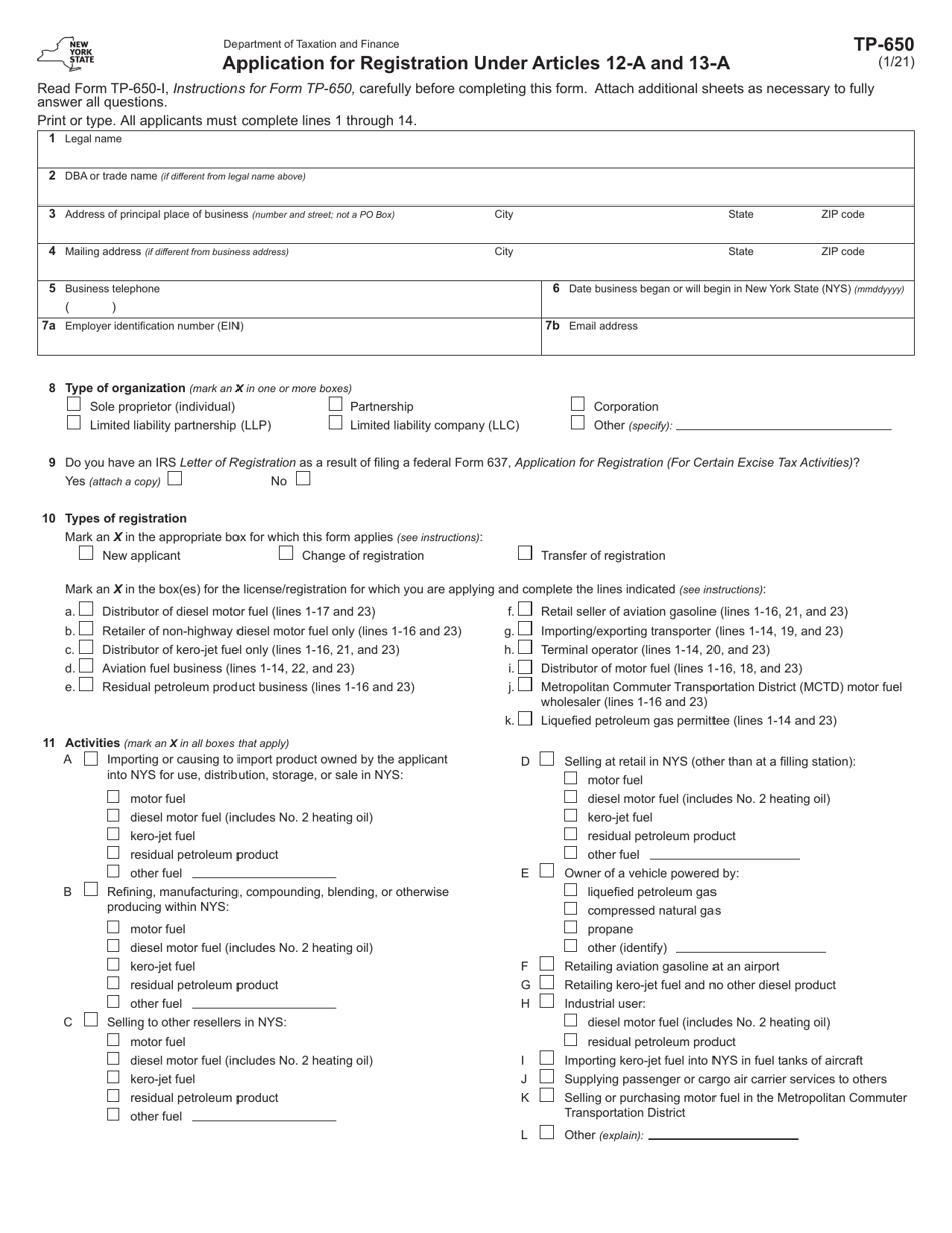Form TP-650 Application for Registration Under Articles 12-a and 13-a - New York, Page 1