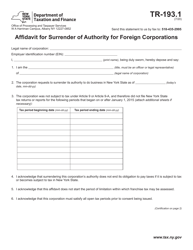Document preview: Form TR-193.1 Affidavit for Surrender of Authority for Foreign Corporations - New York