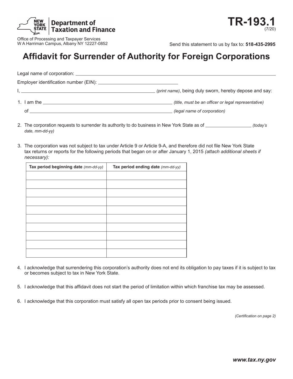 Form TR-193.1 Affidavit for Surrender of Authority for Foreign Corporations - New York, Page 1