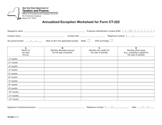 Form TR-620 Annualized Exception Worksheet for Form Ct-222 - New York