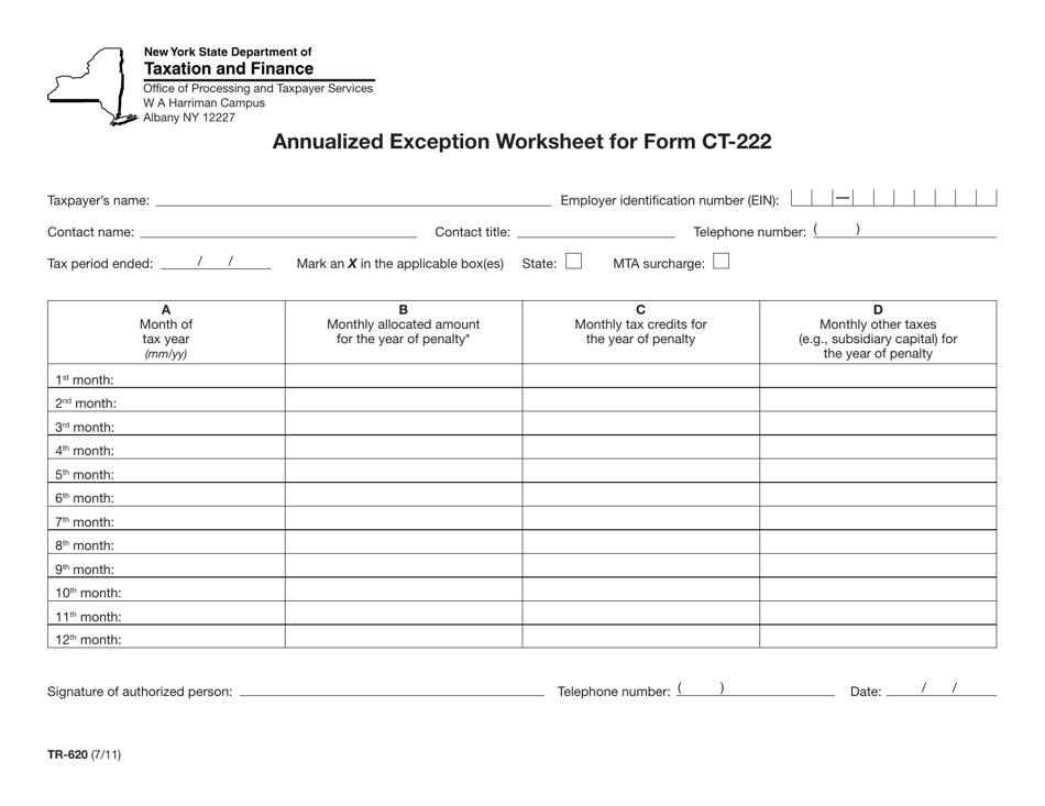 Form TR-620 Annualized Exception Worksheet for Form Ct-222 - New York, Page 1