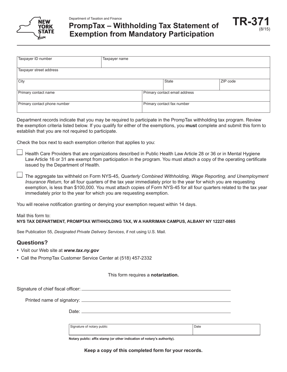 Form TR-371 Promptax - Withholding Tax Statement of Exemption From Mandatory Participation - New York, Page 1