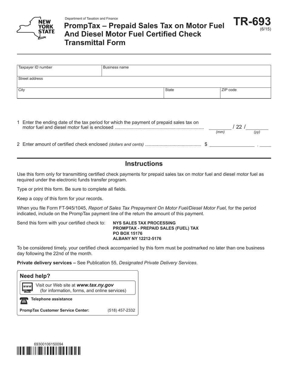 Form TR-693 Promptax - Prepaid Sales Tax on Motor Fuel and Diesel Motor Fuel Certified Check Transmittal Form - New York, Page 1
