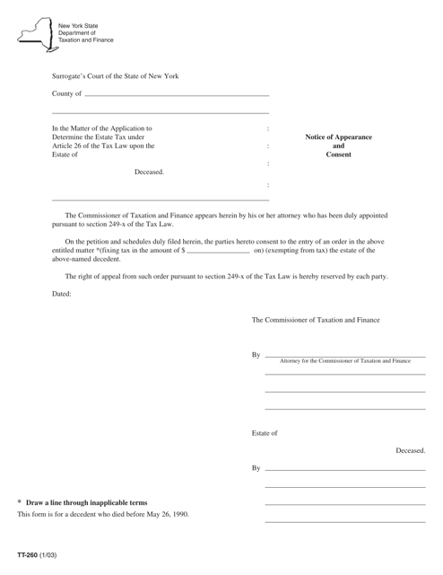 Form TT-260 Notice of Appearance and Consent - New York