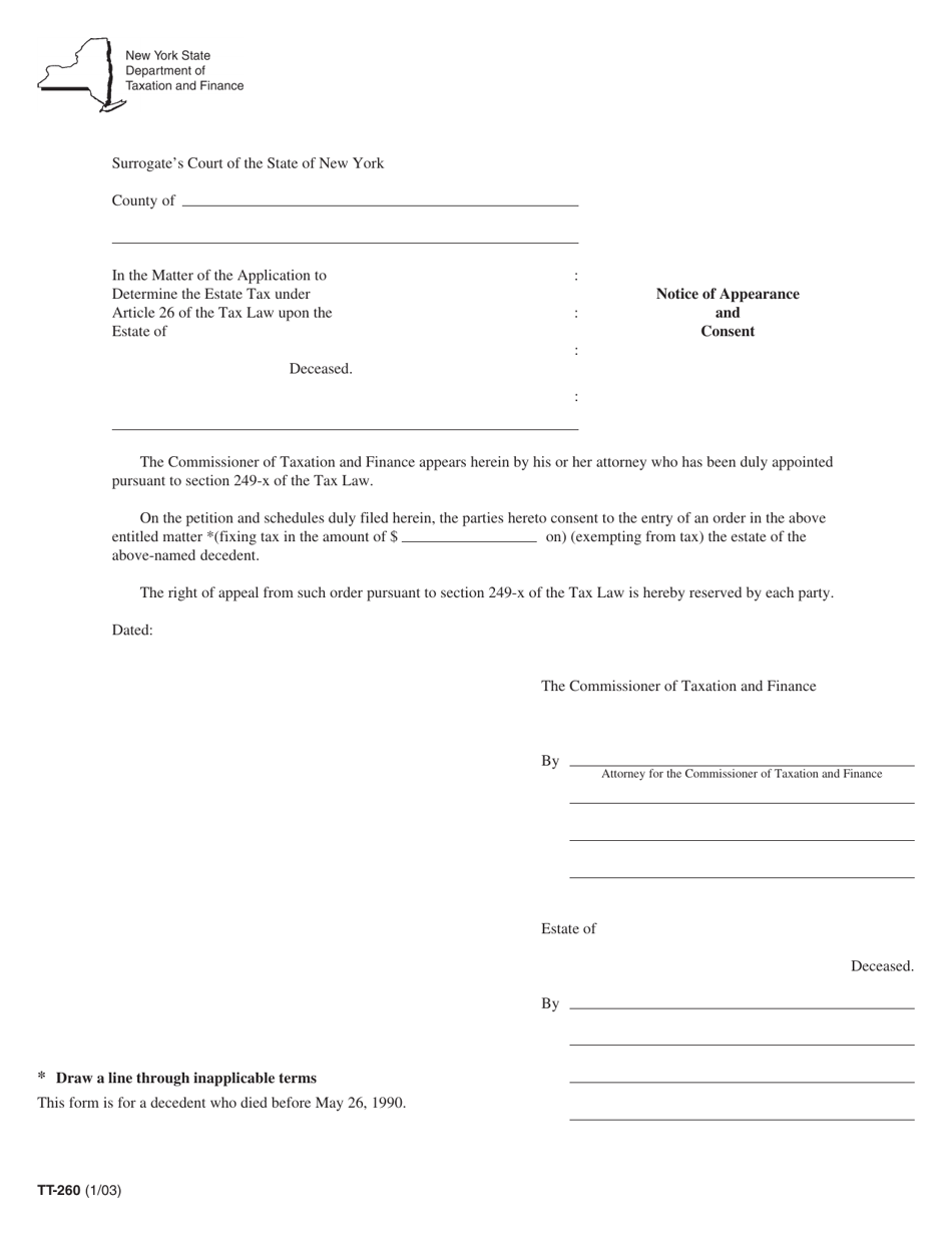 Form TT-260 Notice of Appearance and Consent - New York, Page 1