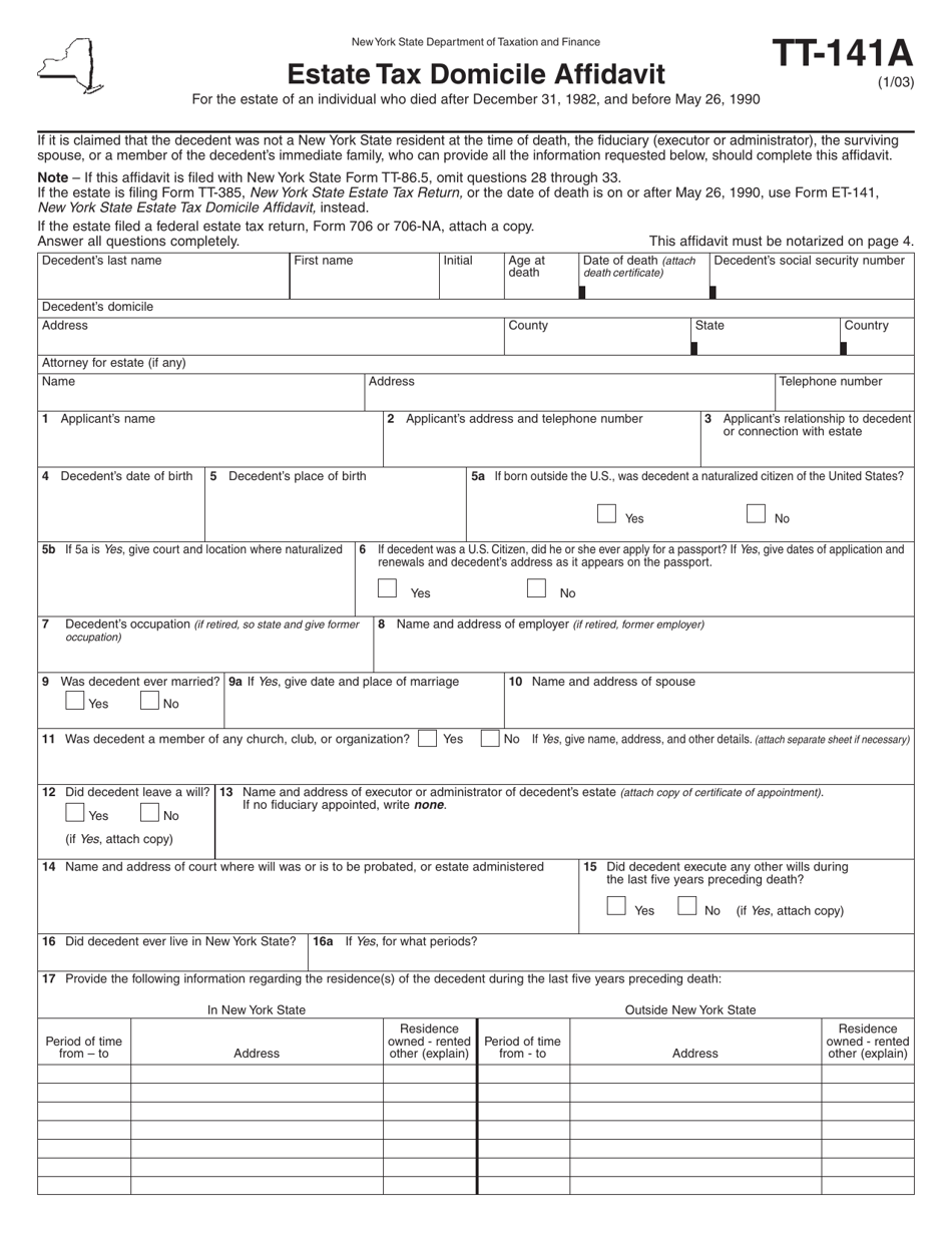 Form TT-141A Estate Tax Domicile Affidavit - New York, Page 1