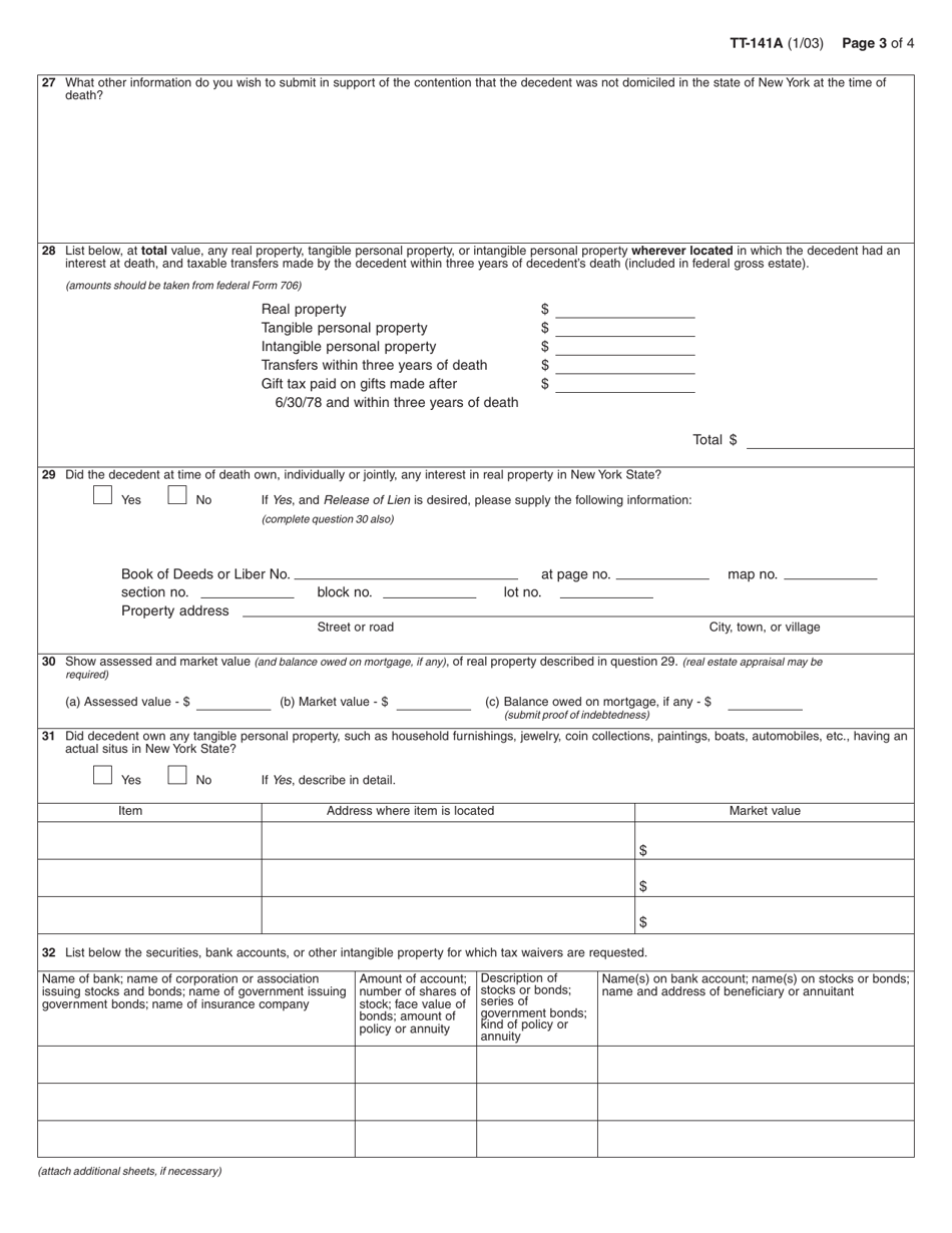 Form TT-141A Estate Tax Domicile Affidavit - New York, Page 3