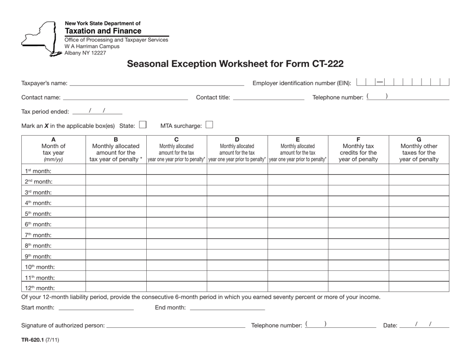 Form TR-620.1 Seasonal Exception Worksheet for Form Ct-222 - New York, Page 1
