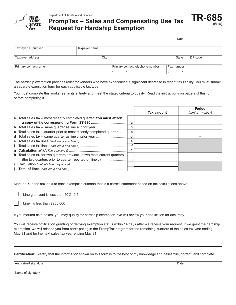 Form TR-685 Promptax - Sales and Compensating Use Tax Request for Hardship Exemption - New York, Page 1