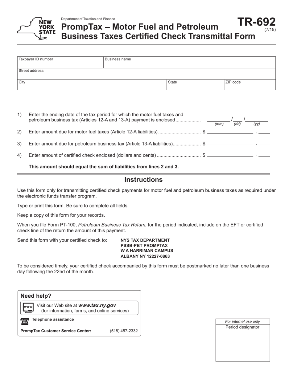 Form TR-692 Promptax - Motor Fuel and Petroleum Business Taxes Certified Check Transmittal Form - New York, Page 1