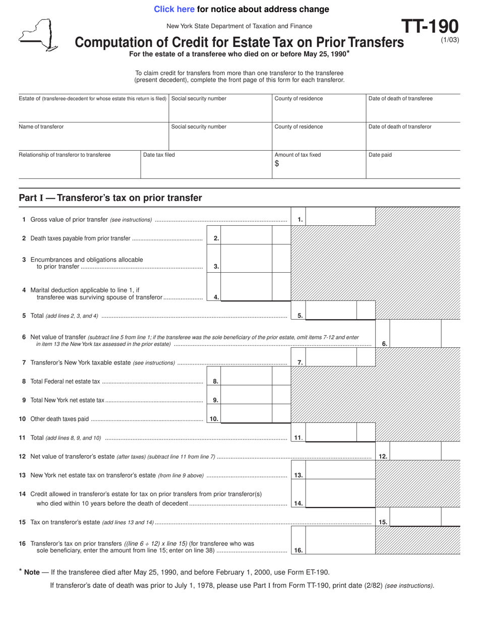 Form TT-190 Computation of Credit for Estate Tax on Prior Transfers for the Estate of a Transferee Who Died on or Before May 25, 1990 - New York, Page 1