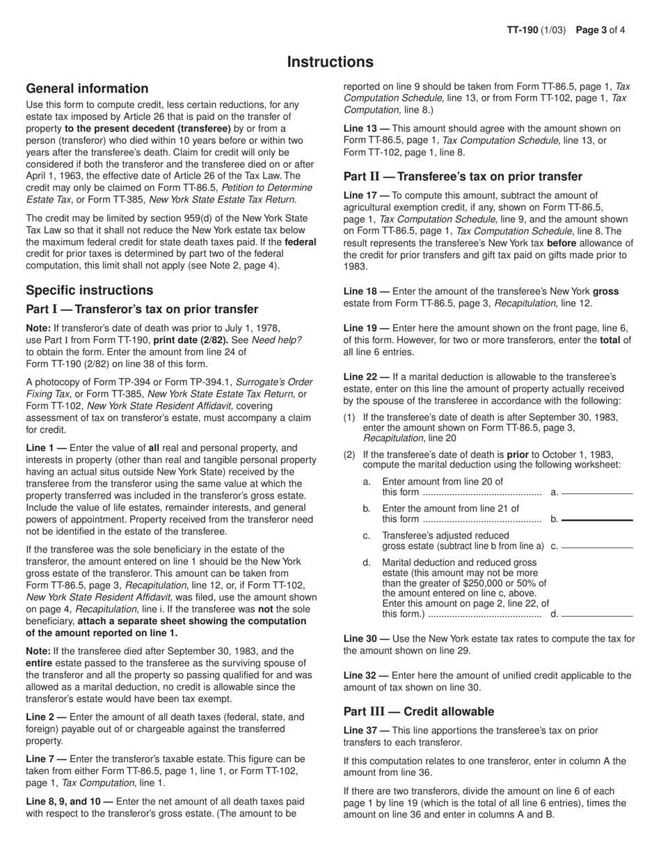 Form TT-190 Computation of Credit for Estate Tax on Prior Transfers for the Estate of a Transferee Who Died on or Before May 25, 1990 - New York, Page 3