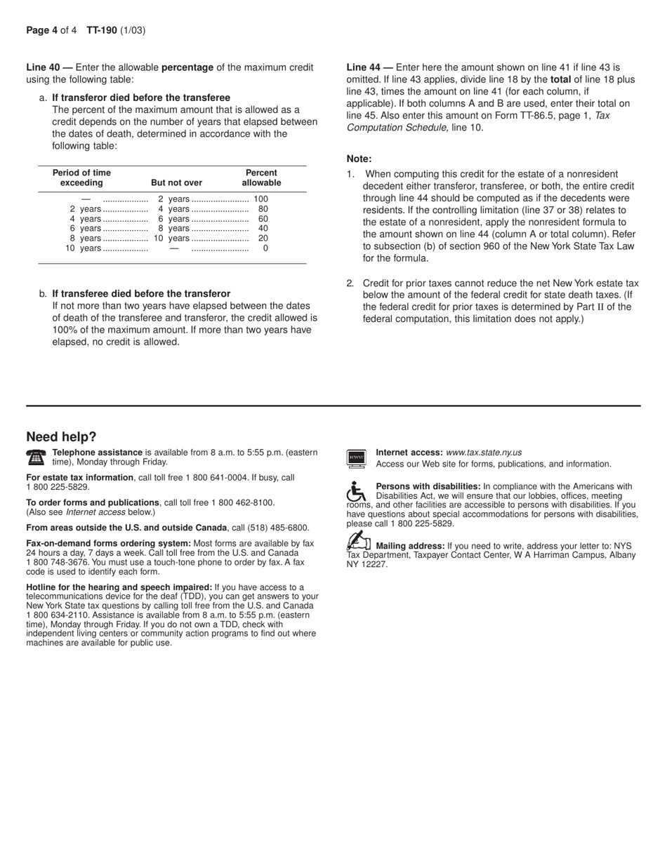 Form TT-190 Computation of Credit for Estate Tax on Prior Transfers for the Estate of a Transferee Who Died on or Before May 25, 1990 - New York, Page 4