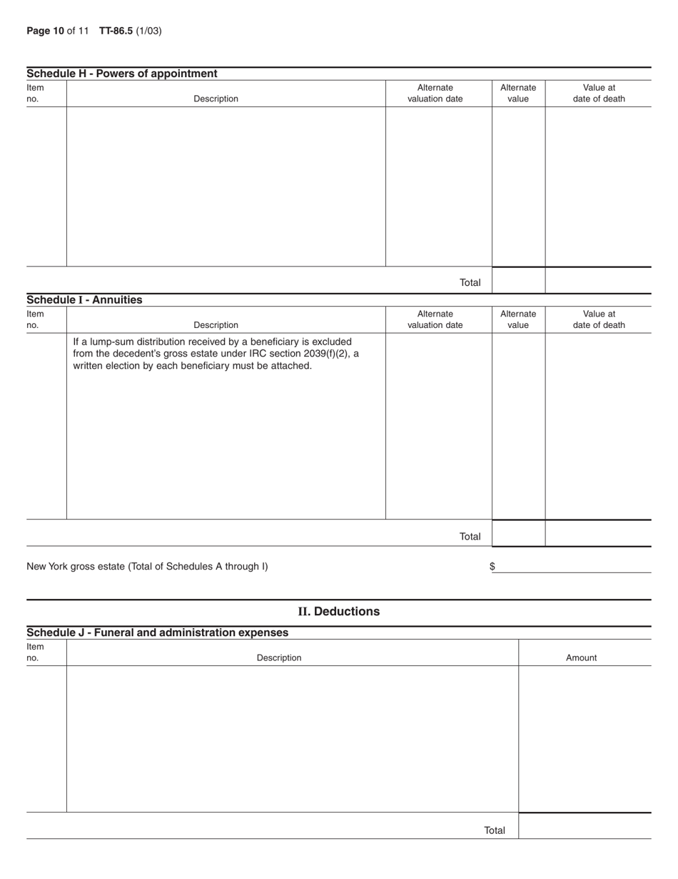Form TT-86.5 Petition to Determine Estate Tax Under Article 26 of the Tax Law for the Estate of an Individual Who Died After December 31, 1982, and Before May 26, 1990 - New York, Page 10