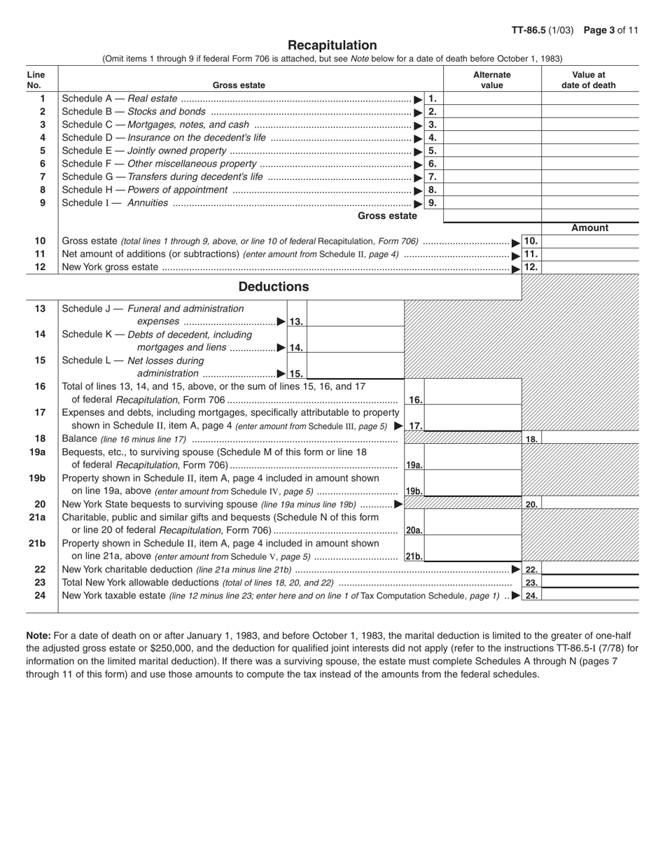 Form TT-86.5 Petition to Determine Estate Tax Under Article 26 of the Tax Law for the Estate of an Individual Who Died After December 31, 1982, and Before May 26, 1990 - New York, Page 3
