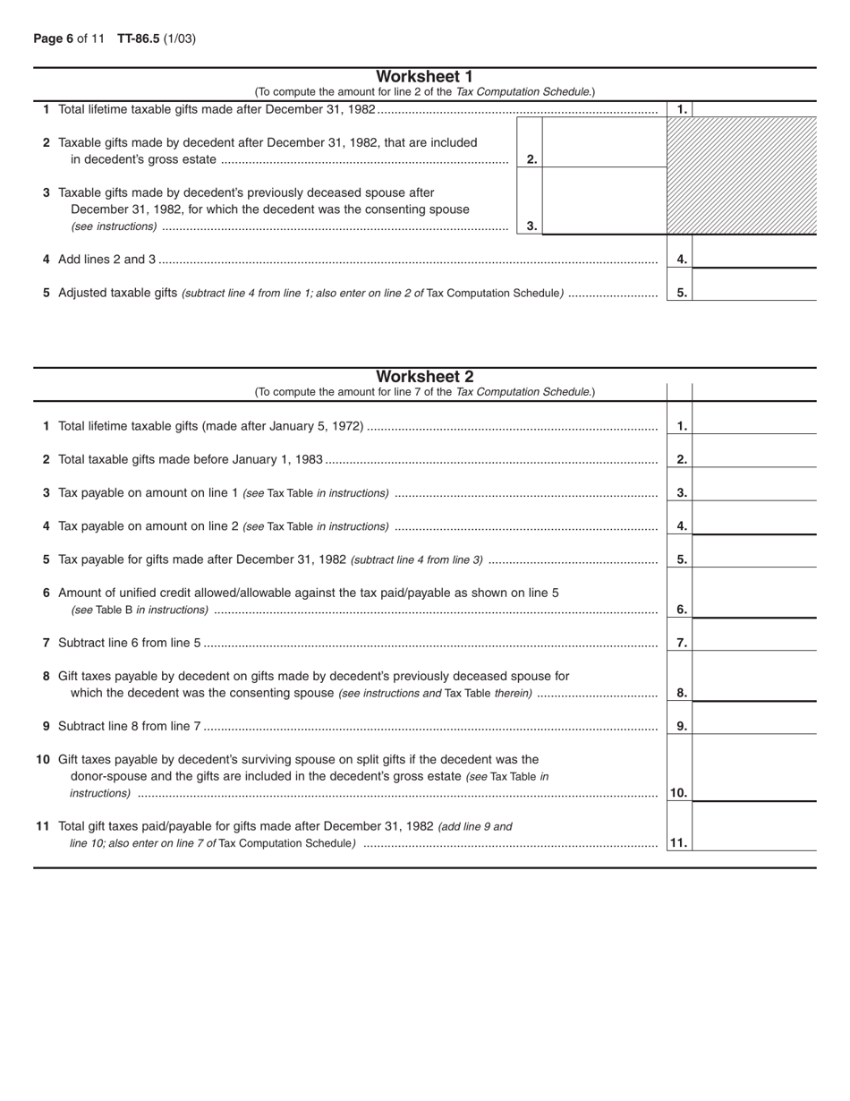 Form TT-86.5 Petition to Determine Estate Tax Under Article 26 of the Tax Law for the Estate of an Individual Who Died After December 31, 1982, and Before May 26, 1990 - New York, Page 6