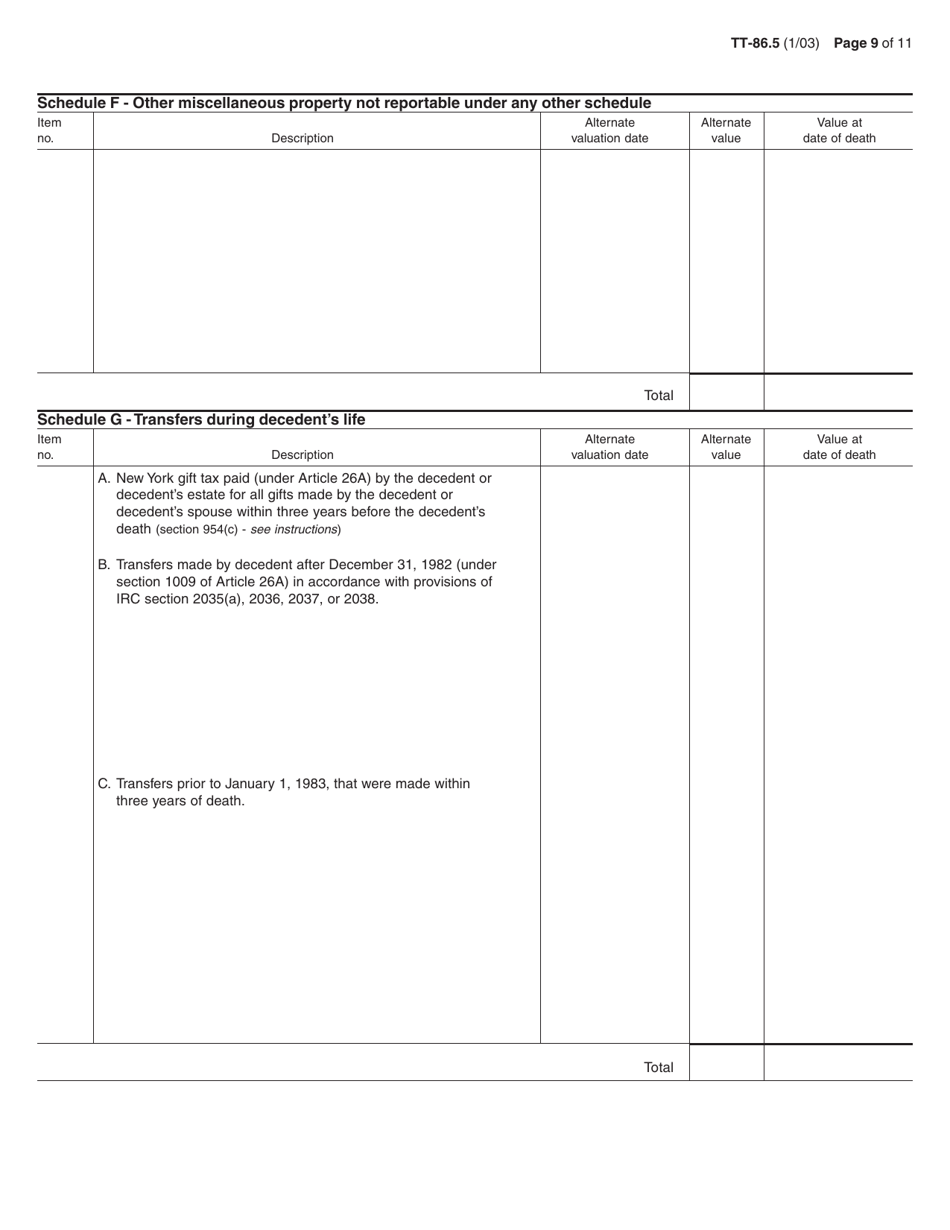 Form TT-86.5 Petition to Determine Estate Tax Under Article 26 of the Tax Law for the Estate of an Individual Who Died After December 31, 1982, and Before May 26, 1990 - New York, Page 9