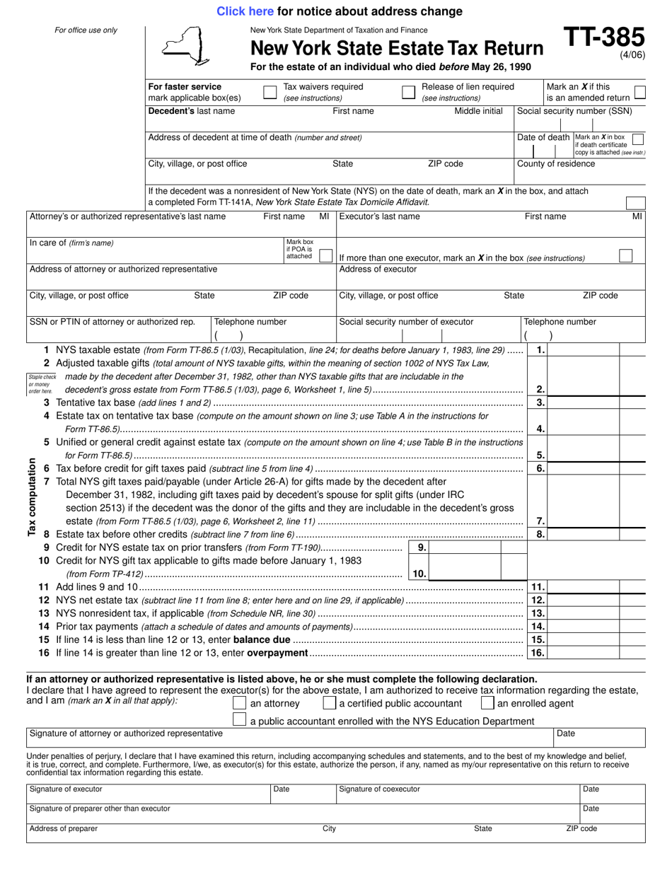 Form TT-385 New York State Estate Tax Return for the Estate of an Individual Who Died Before May 26, 1990 - New York, Page 1