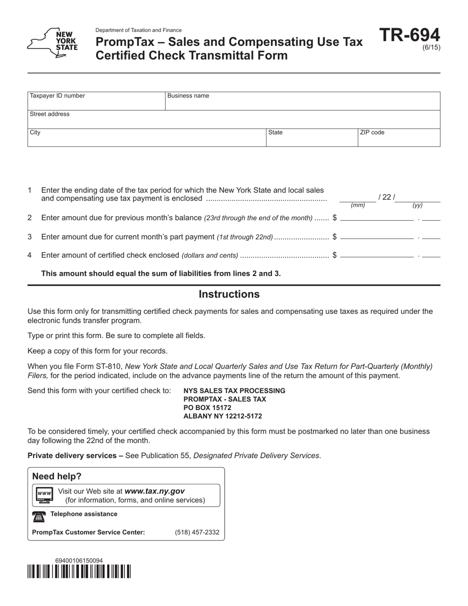 Form TR694 Fill Out, Sign Online and Download Fillable PDF, New York