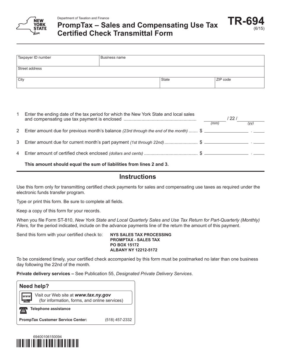 Form TR-694 Promptax - Sales and Compensating Use Tax Certified Check Transmittal Form - New York, Page 1