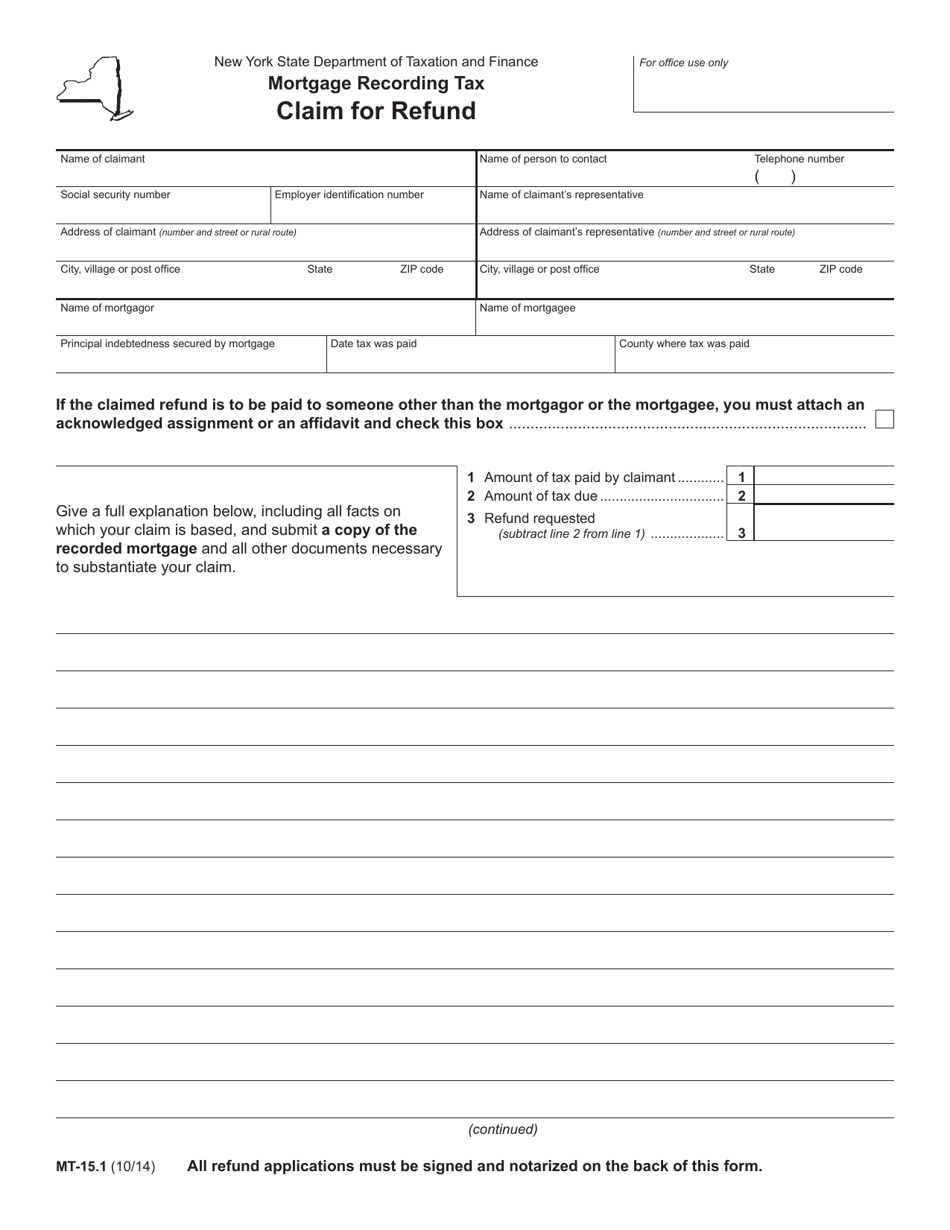 Form MT-15.1 Mortgage Recording Tax Claim for Refund - New York, Page 1