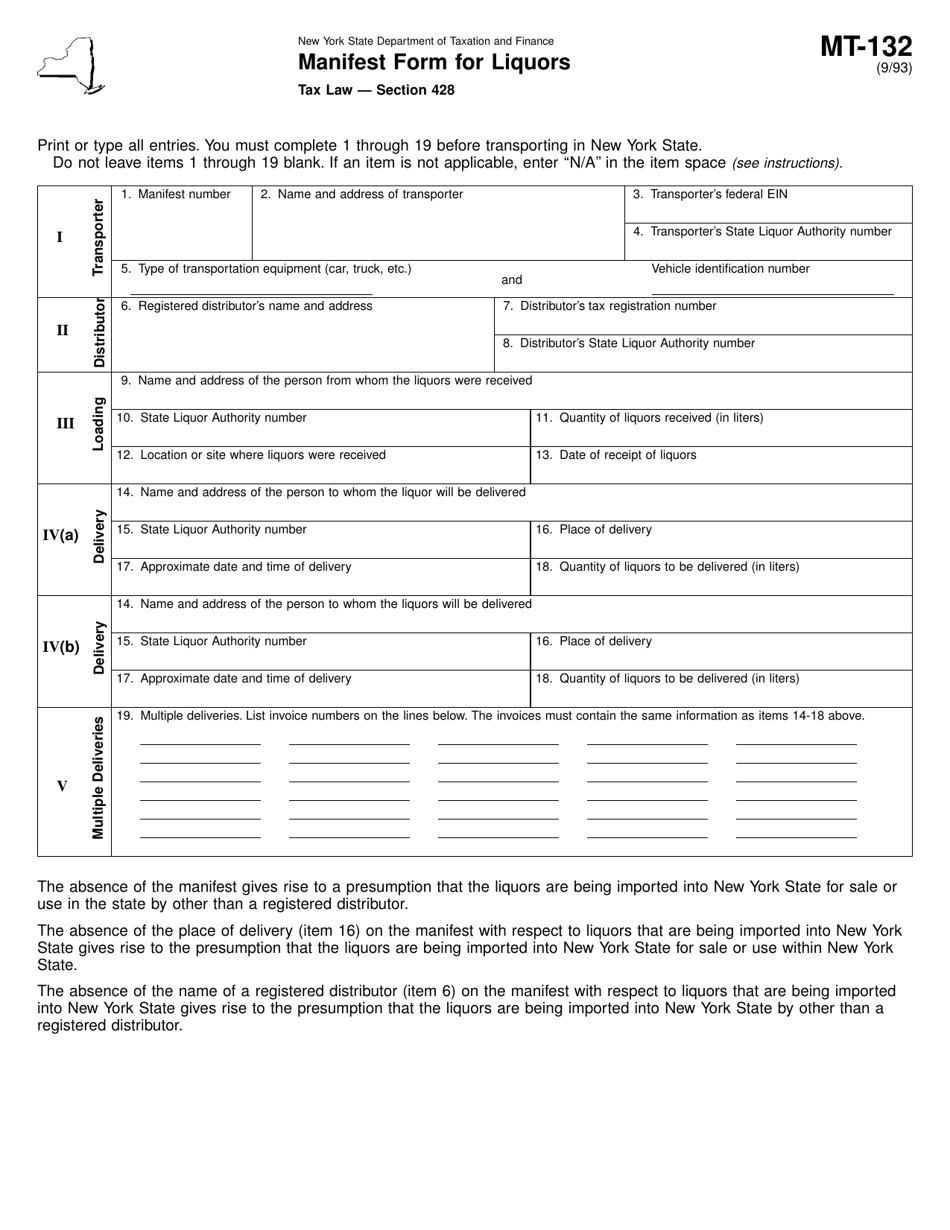 Form MT-132 Manifest Form for Liquors - New York, Page 1