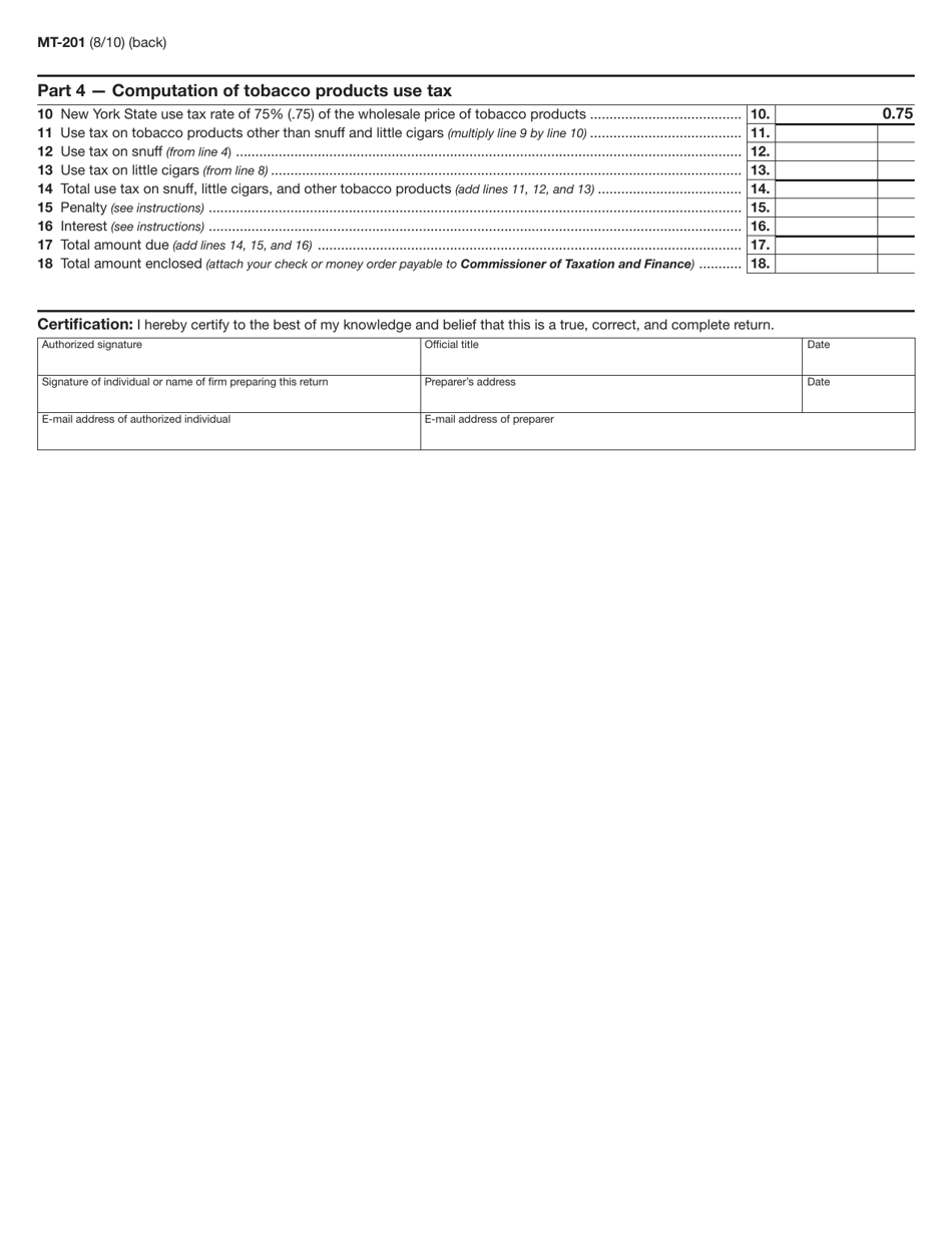 Form MT-201 Tobacco Products Use Tax Return - New York, Page 2