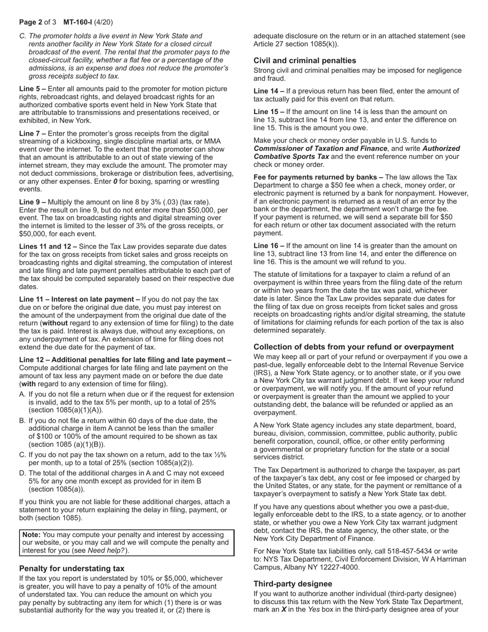 Instructions for Form MT-160 Authorized Combative Sports Tax Return - New York, Page 2