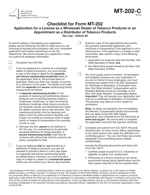 Document preview: Form MT-202-C Checklist for Form Mt-202 - Application for a License as a Wholesale Dealer of Tobacco Products or an Appointment as a Distributor of Tobacco Products - New York