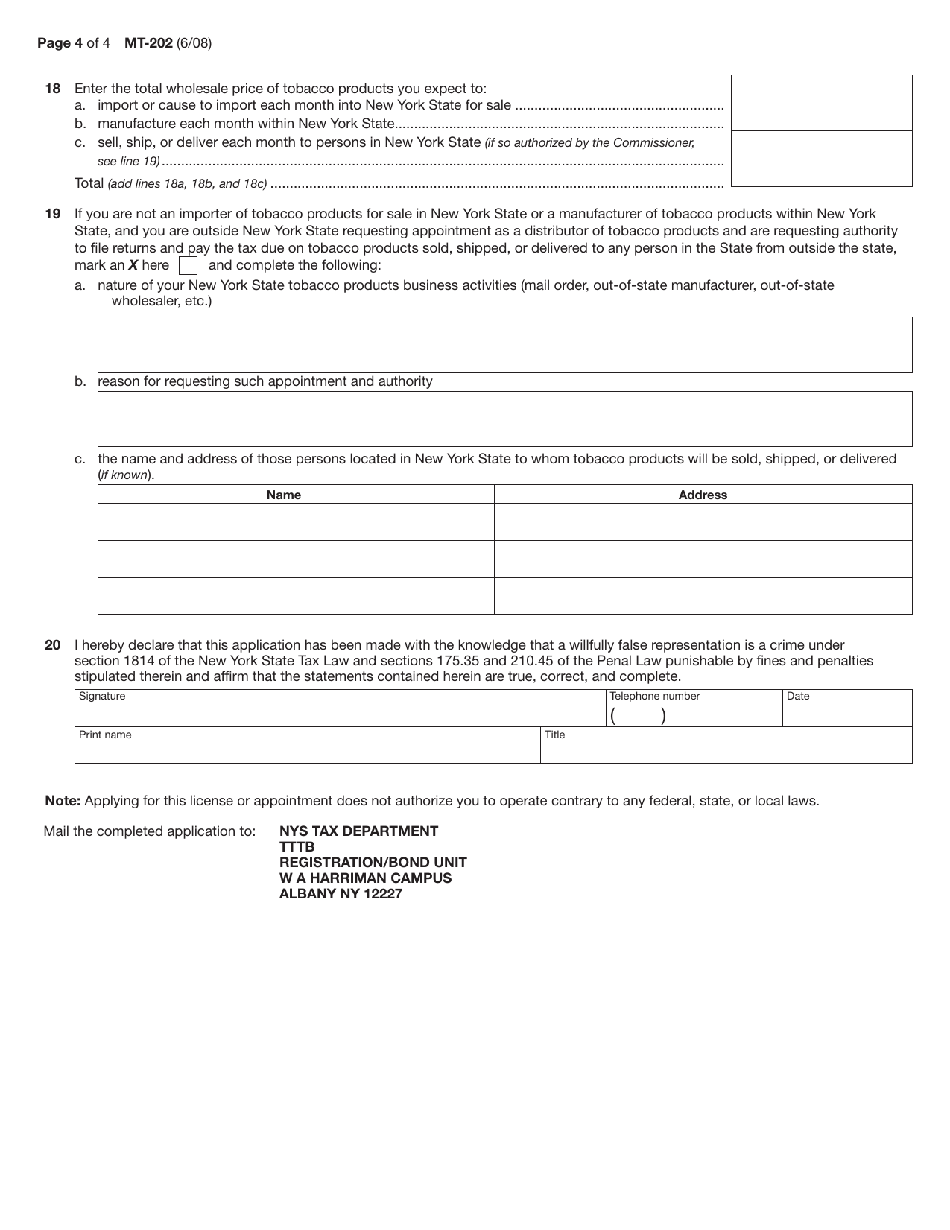 Form MT-202 Application for a License as a Wholesale Dealer of Tobacco Products or an Appointment as a Distributor of Tobacco Products - New York, Page 4