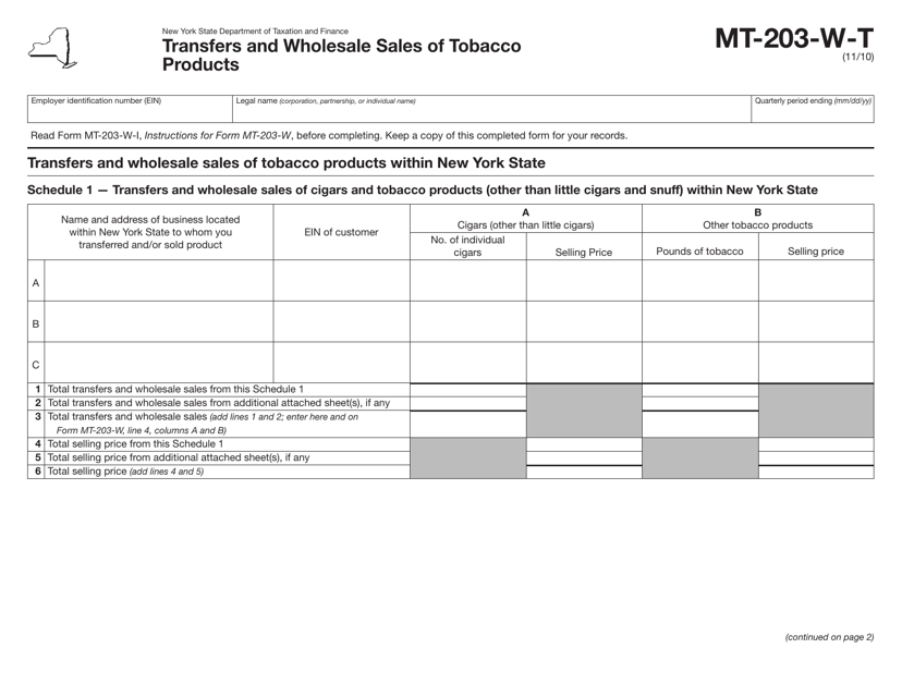 Form MT-203-W-T Transfers and Wholesale Sales of Tobacco Products - New York