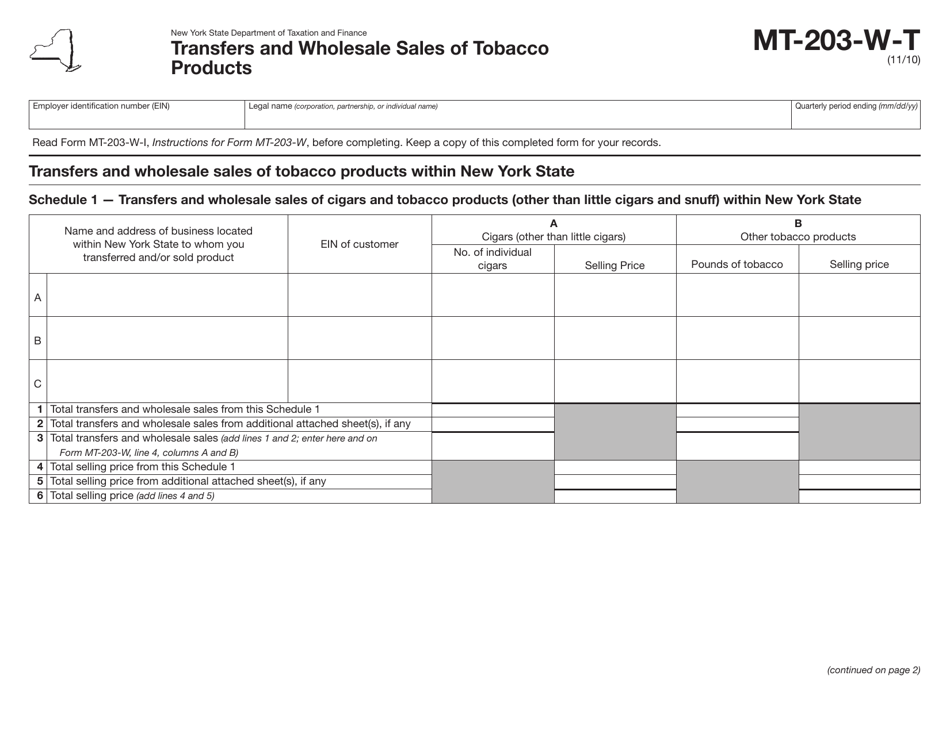 Form MT-203-W-T Transfers and Wholesale Sales of Tobacco Products - New York, Page 1
